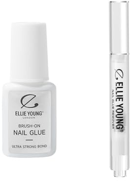 Ellie Young Press On Nail Glue & Remover Set, Brush On Nail Glue with Acetone Free Removal Pen, Long Lasting Hold, Gentle Nail Care for Fake, Acrylic & Press On Nails