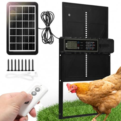 Automatisk kycklinglucka sol med LCD-display och fjärrkontroll, elektrisk kycklinglucka med timer, hinderstopp, larm, USB-C, IPX4 för hönshus, klämskydd