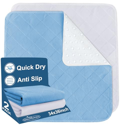 Bed Pads Washable Waterproof 34 x 36, 2 Pack Reusable Chuck Pads Incontinence Underpads Sheet Protector, Pee Pads for Adults, Elderly, Kids, Toddler and Pets, White and Blue