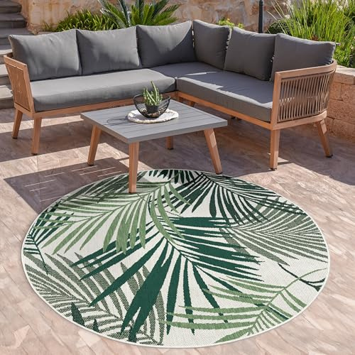 Paco Home Tappeto per interni ed esterni con tessuto piatto e design floreale di palme in stile giungla inciso in verde, Dimensione:Ø 120 cm tondo