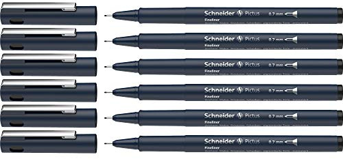 Schneider Pictus Fineliner (Strichstärke 0,7 mm, dokumentenechte Pigmentliner, metallgefasste Spitze, Gehäuse aus 85% recyceltem Kunststoff) 6er Pack, schwarz
