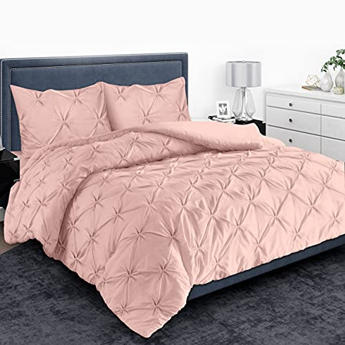 MH Home Pintuck King Size Duvet Cover Set - 200 Thread Count 100% Egyptian Cotton Pinch Pleated Quilt Bedding Covers Set (Soft Pink, King)