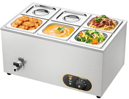 MOOTACO Commercial Food Warmer Stainless Steel Bain Marie Buffet Warmer 1500W, Temperature Range 30-85 °C, GN 1/6 Containers -150mm x6 Pans with Lids, Drain Tap