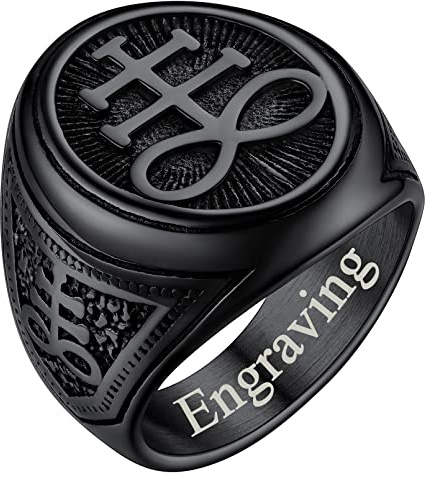 FaithHeart Punk Herren Siegelring von Satan Fingerring Schwarz Leviathan Siegelring Jungen Pentagramm Partnerring mit Gravur für Valentinstag Weihnachten