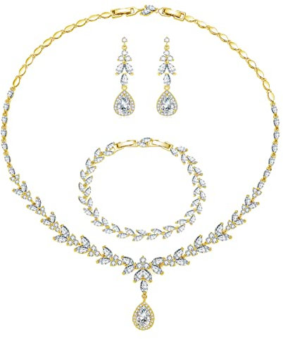 Kamise Hochzeit Schmuck Set Silber Damen, Gold Braut Schmuckset, Damen Halskette & Ohrringe & Armband Set, Blumen Schmuck Set mit 5A Weiß Zirkonia, Allergenfrei Hochzeitsschmuck für Brautjungfern