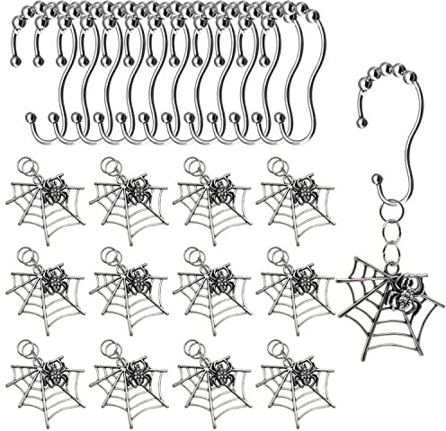 Set di 12 ganci per tenda da doccia in acciaio inox + ciondolo decorativo a forma di ragno, tenda da doccia creativa a tema cartone animato, per casa, bagno, aste da doccia, set da 12 (argento)