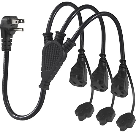 KUNCAN Outdoor 3-Outlet Power Splitter, 90-Degree Flat Plug 1 to 3 Way Outlet Adapter 1.5FT SJTW 16AWG 3-Prong Power Cord Extension Strip with Outlet Cover for Holiday Decoration String Light(1-Pack)
