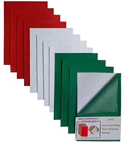 Fieltro de color adhesivo, Hojas de fieltro autoadhesivas, 12 piezas de tela de fieltro adhesiva, Hojas de fieltro de 20x30 cm con reverso adhesivo para manualidades de costura (verde/blanco/rojo)