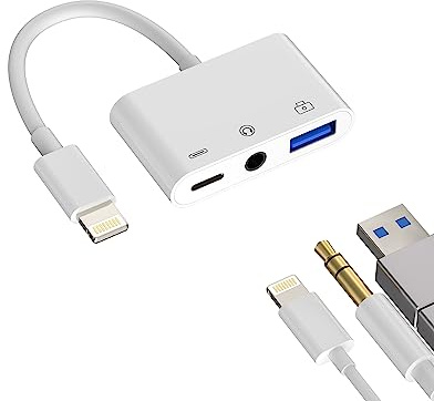 Lightning vers 3,5 mm Jack AUX Dongle(3-en-1)– Câble USB Chargeur pour iPhone Adaptateur Audio OTG pour iPad pour Apple 13 12 11 Pro Max XR X 8 7 Plus Clé Mémoire Lecteur Carte Caméra Clavier Souris