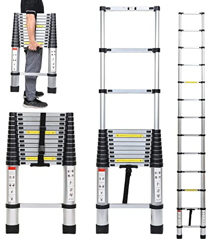 Aluminium Teleskopleiter 3.8M, Yakimz Ausziehbare Leiter, Rutschfester Aluleiter Stehleiter Mehrzweckleiter Ausziehbar Aluminiumleiter, Teleskop Ausziehleiter 150 kg Belastbarkeit