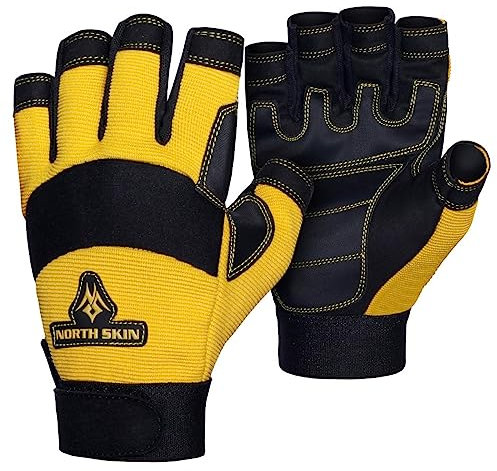 NORTH SKIN Fingerless Safety Work Gloves Flexible Heavy Duty Performance Carpenter Paint Anti Slip Training Palm Protective Wheelchair Assembly Camping Gloves for Men Women (Yellow HF, M)