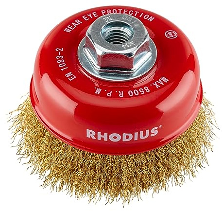 RHODIUS MTBW | 1 Stück Ø 100 mm Topfbürste vermessingt | gewellter Draht 0,3 mm, M14, Drahtbürste Winkelschleifer, Reinigungsbürste, Stahlbürste