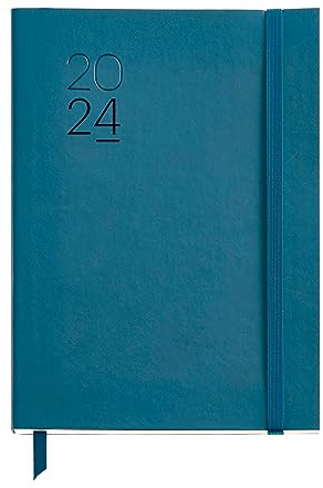 Miquelrius - Jahreskalender 2024, Tagesansicht, Größe Plus 155 x 213 mm (ähnlich A5), flexibler Einband aus Kunstleder genäht, Katalanisch, Englisch und Portugiesisch, Blau