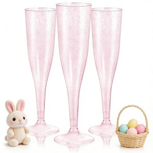 WDF 36 Pack Pink Glitter Plastic Champagne Flutes - 7OZ Disposable Pink Glasses Glitter Champagne Flutes Plastic for Party/Wedding/Easter/Spring/Easter/Mother's day