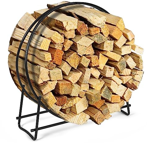 GYMAX Range-Bûches Intérieur Rond, Porte-Bûches en Métal Robuste, Support à Bois de Cheminée, Base Surélevée, Assemblage Facile, pour Extérieur, Maison, Entrepôt, 95x33x102cm