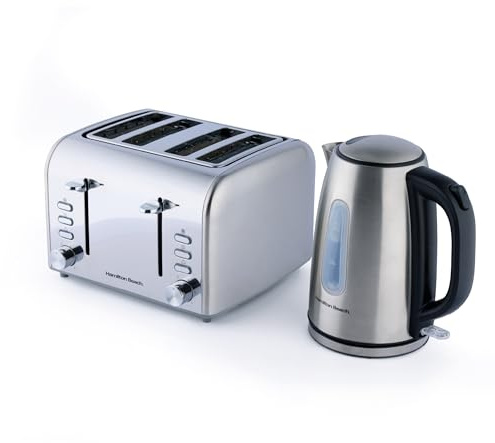 Hamilton Beach Kettle & Toaster Set, Rise, Electric Kettle, 1.7L, Toaster 4 Slice, Stainless Steel, Boil Dry Protection, Rapid Boil, 6 Browning Settings, Defrost, Reheat & Cancel, Brushed- HBKTBRUSH