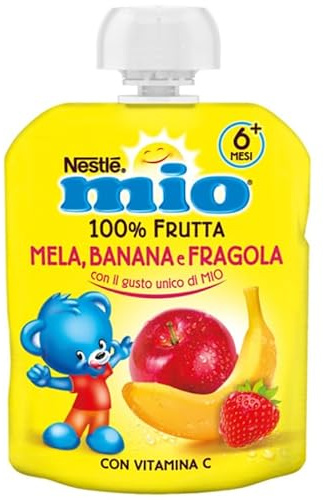 8x NESTLÉ MIO Snack 100% Frucht Banane, Apfel und Erdbeere zum Auspressen, Beutel 90 ml+ Italian Gourmet polpa 400g