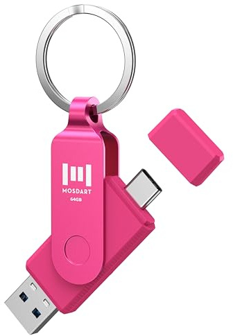 MOSDART 64GB Dual USB 3.2 Type-C Flash Drive, 150MB/S Thumb Drive with Keychain and LED Light, exFAT Memory Stick for iPhone 15, 16 and 17, iPad, Android Phone, MacBook, Laptop, Hot Pink