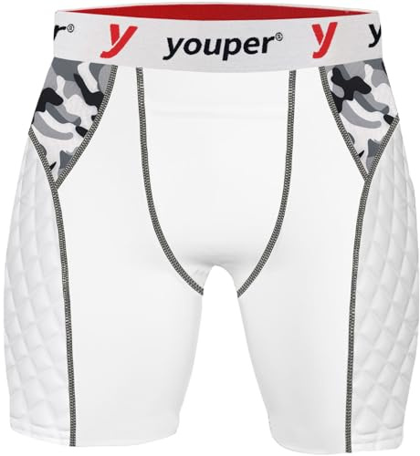 Youper Youth Elite Padded Slider Shorts with Cup Pocket Compression Shorts for Boys for Baseball and Football, White/Camouflage, M