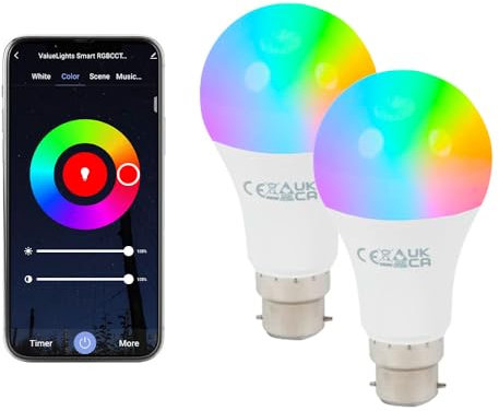 ValueLights | 9W RGBCCT Smart Bulb | B22 Bayonet WiFi LED Bulb, Works with Amazon, Alexa & Google Home, Colour Changing, No Hub Required – 2 Pack | Smart Lighting & Home Tech Improvements Essential