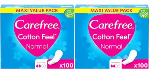 Carefree Slipeinlagen Cotton Feel Normal ohne Duft (100 Stück), 100% atmungsaktiv, verleihen ein Gefühl von Komfort, Trockenheit und Frische, Größe Normal, Vorratspack (Packung mit 2)