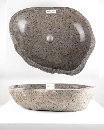 wohnfreuden Naturstein Waschbecken 60 cm oval in grau aus indonesischen Flussstein - Mit Unikat Auswahl