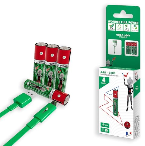 Wonder Full Energy – Pack 4 Piles AAA / LR03 Rechargeables USB-C – 1.5V, 600mWh – Lithium-ION – Câble Inclus – Charge Rapide 1h – Compatible Télécommandes, Gigaset, Jouets – Emballage Zéro Plastique