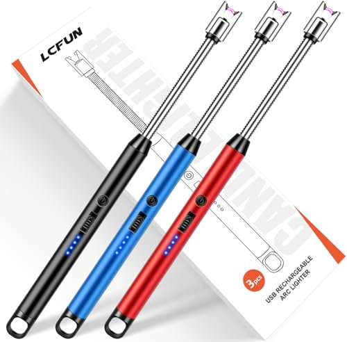 3 Pack Long Reach Electric Candle Lighter - USB Rechargeable Electronic BBQ Lighter for Firework/Camping (Black, Blue, Red)
