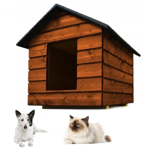 QLS Hundehütte Katzenhaus Größe M mit Vorhang Isoliert Winterfest Outdoor (Teak, M)