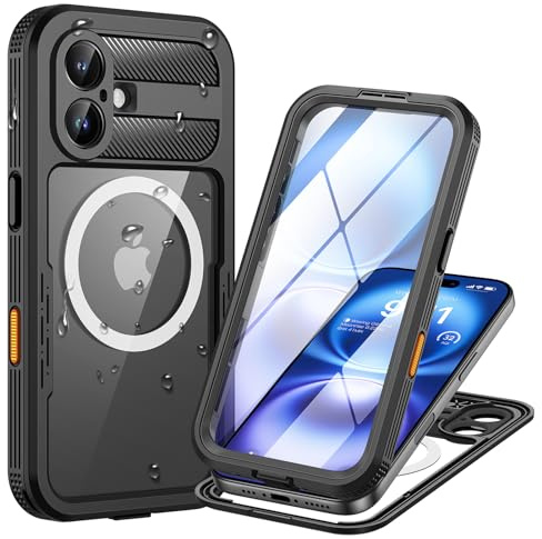 Lanhiem für iPhone 16 Hülle IP68 Wasserdicht 360 Grad Outdoor Stoßfest | Schwarz,Wasserfest Schutzhülle,Waterproof,Handyhülle mit Displayschutz,Komplett Panzerhülle,Kompatibel mit Magsafe,Baustelle