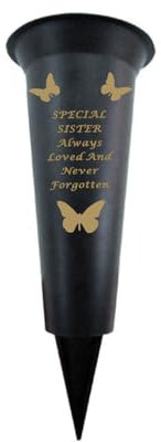 Memorial Grave Vases Ornaments Plastic Flower Holders - Butterfly Spike Grave Flower Vase Holders with Funeral Verses for Your Loved Ones - Black (Sister)