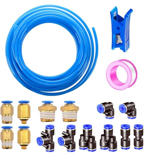 HAXIHA 15M Pneumatik Schlauch Blau 4mm OD 2.5mm ID Polyurethan PU Luftschlauch Rohr Druckluftschlauch ist Geeignet für Pneumatische Geräte, mit 14 Stück Pneumati kverbinder (Y/T/L/I förmig)