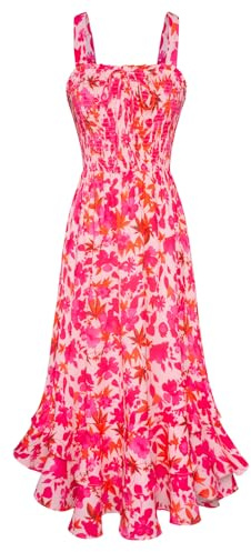 GRACE KARIN Dam lång blommig klänning ärmlös spagettiremmar fritidsklänning bohemisk maxiklänning strandklänningar semester, Rosa lönnlövsblomma, XL