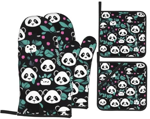 Guanti Da Forno E Presine Da Cucina Set, Panda Cute Face Kit Guanti Da Forno Antiscivolo Guanti Da Cucina Professionale Guanti Da Barbecue Per Microonde Cucinare Ringraziamento