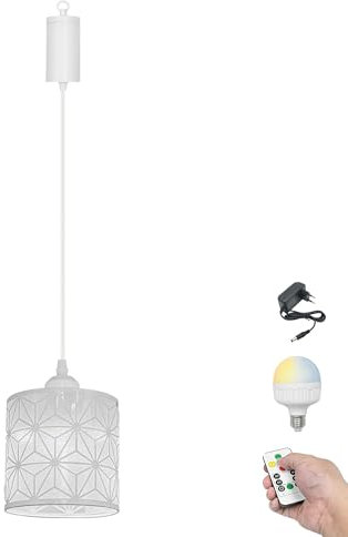 FSLiving Dimmbare Hängelampe mit Batterie Innen, Eisen Hängeleuchte Batteriebetriebene Lampe, Pendelleuchte ohne Strom Stromanschluss für Küche Nachttischcafé,Weiß