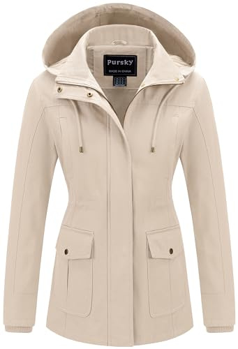 Pursky Anorakjacke für Damen, Baumwolle, leicht, lässig, Militärjacke, Safari-Utility-Mäntel mit abnehmbarer Kapuze, Beige, Medium