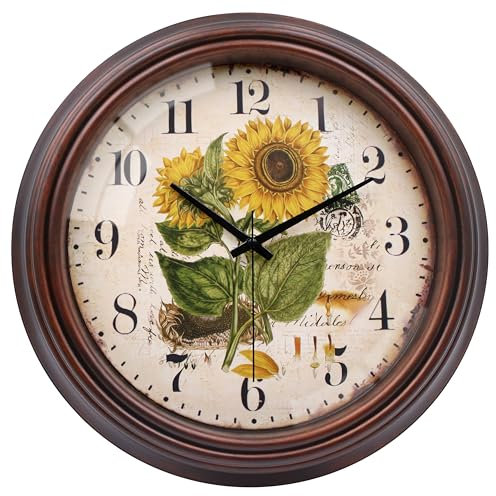 VIKMARI Girasole Orologio da Parete, Vetro Silenzioso Vintage Shabby Chic Orologi per Cucina Soggiorno Bagno Camera da letto Studio, 30cm
