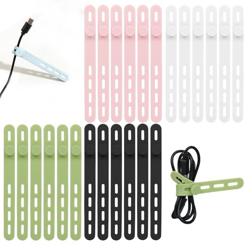 Donruby 24Pcs Silicone Cable Ties - Reusable & Washable with Locking Buckles, Adjustable Fastening Cable Management Straps, Multi-Purpose High Elasticity Cord Organizer (4 Colors)