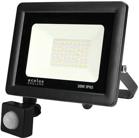 Ecolux PIR Motion Sensor 30W LED Outdoor Floodlight Energy Efficient 6000K Waterproof IP65 Mains Powered for Garage, Porch, Shed & Commercial Buildings - with Earth Wire (30W)