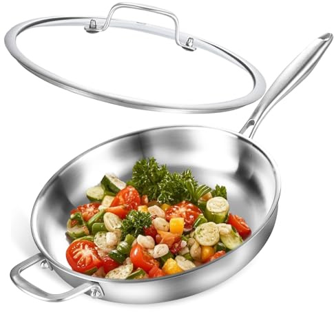 DELARLOCHEF Treskikts stekpanna i rostfritt stål med lock 30 cm, snabb jämn värme, energibesparande, 12 tums induktionsstekpanna, rostfritt stål stekpanna för biff, ägg etc. Ugnssäker