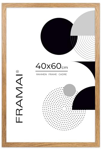 FRAMAI® Bilderrahmen 40x60 cm Eichenfarbe, MDF Umweltfreundlichem Rahmen mit Bruchsicheren Plexi, Aufhänger und Aufsteller