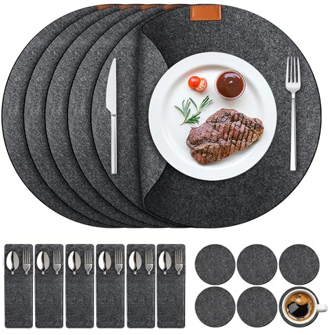 Tischsets und Untersetzer, Platzsets Abwaschbar, Messer Gabeltasche, Rund Doppelseitigen rutschfest Fleckbeständig Platzdeckchen, Hitzebeständig Filz Ttischuntersetzer (Satz von 18) Place Mat