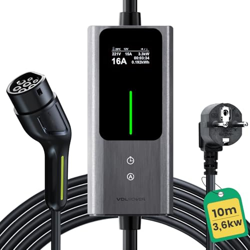 VDLPOWEREU Typ 2 Ladekabel Schuko 3,68kW | 6-16A | 10M, 1-phasig EV Ladegerät Typ 2 Schuko mit Steuerbarer Digitalanzeige, E Auto Ladekabel Schuko IP65 für Elektroautos IEC 62196-2 PHEV/EV