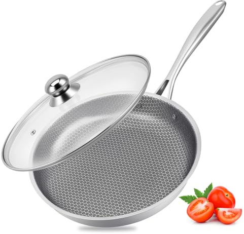Mekturm Stainless Steel Frying Pan with Lid, 28cm Nonstick Honeycomb Skillet,Stainless Steel Skillet,Carbon Steel pan ttitanium Pans for Cooking,Titaniums Pans for All Stovetops
