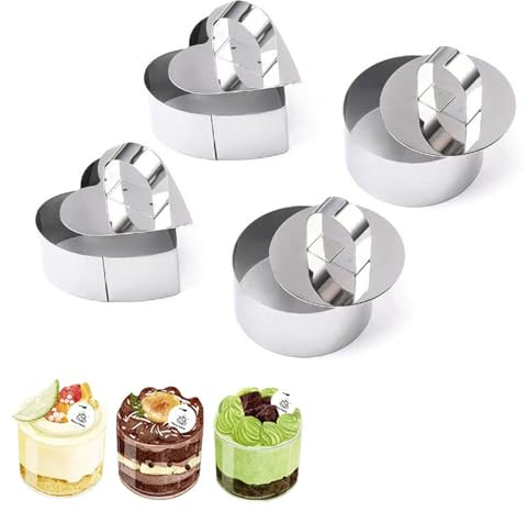 Noaxylic 4 stycken tårtring, dessertringar i rostfritt stål, tårtringar, rund musform, formad tårtring, för bakning, mousse, mus, tiramisu