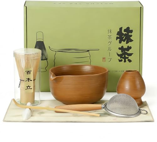 Matcha Set, Bowl and Bamboo Whisk Kit Spoon Bamboo Sifter Broom Holder, Tea and Latte Lover Complete Matcha Gift Kit 7 Pcs, Making for Starter Traditional Japanese Tea Ceremony