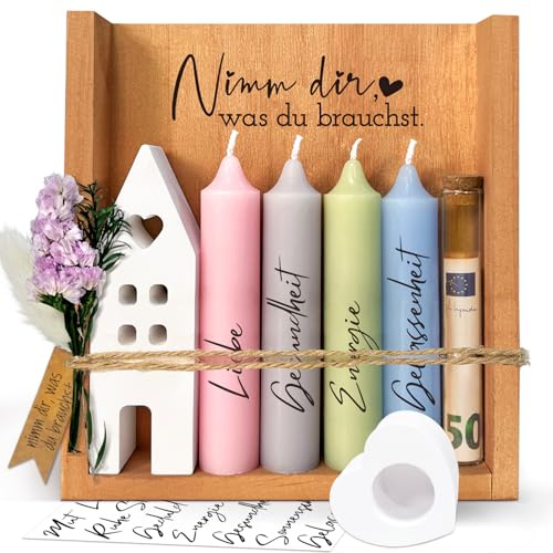 Nimm dir was du brauchst Kerzen Geschenkset für Frauen Freundin Geschenke mit Kerzenständer, Kerze mit Spruch Geschenk, Kerzenhalter Holzkiste, Geldgeschenke mit Kerzen Deko