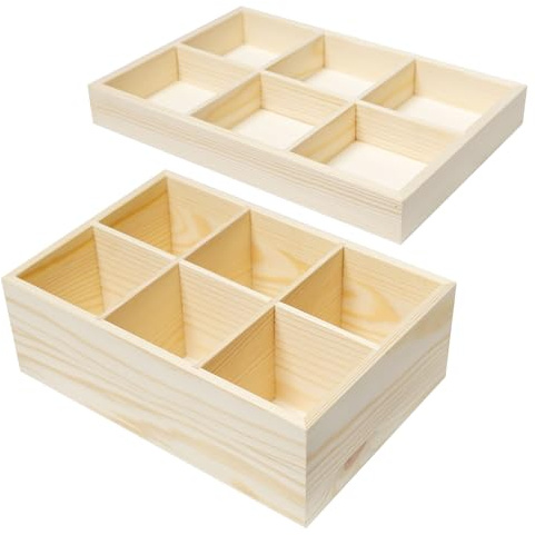 2 Stk Setzkasten Holz Sortierboxen mit 6 Fächer für Kleinteile Aufbewahrung | Eckig Aufbewahrungsbox Vitrine Holz Organizer für Socken Teebeutel Stifte, Flache Display-Tablett für Schmuck, Ohne Deckel