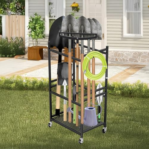 Zephviora Gartenwerkzeug Organizer 3-stufig,Yard Tool Tower Rack,Garten Werkzeugregal mit 3 Beweglichen Haken & Feststellbaren Rollen,35 Fächer Hof Werkzeughalter für Garage,Schuppen & Terrasse