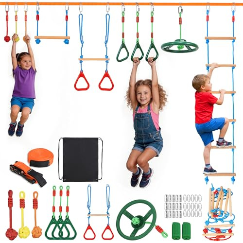 FREEAMG Slackline barnkit, 15 m Ninja hinderbana för flickor och pojkar, inklusive stegar, repknutar, Ninja hjul, upphängningsringar, klätterstegar osv